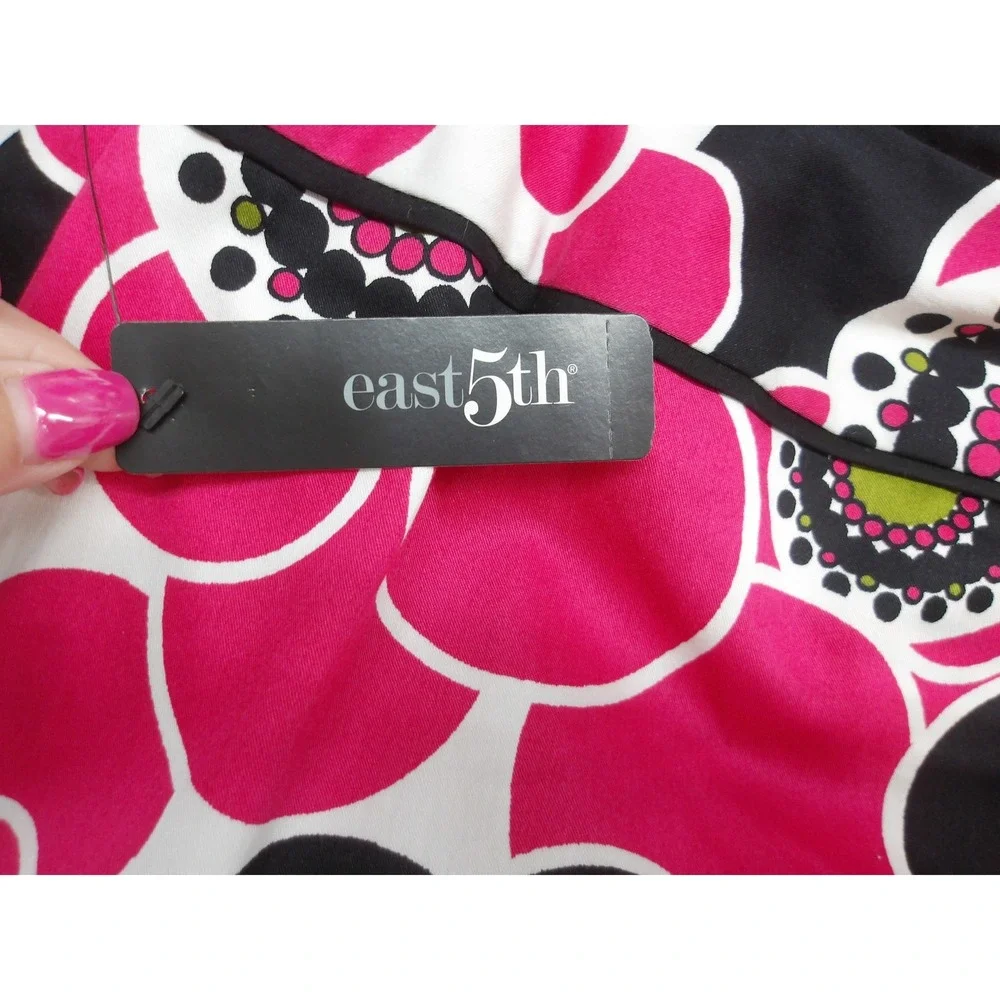 Vibrant Pink Black White Floral Polka Dot Mod A-Line Skirt Knee Length 14/#26634